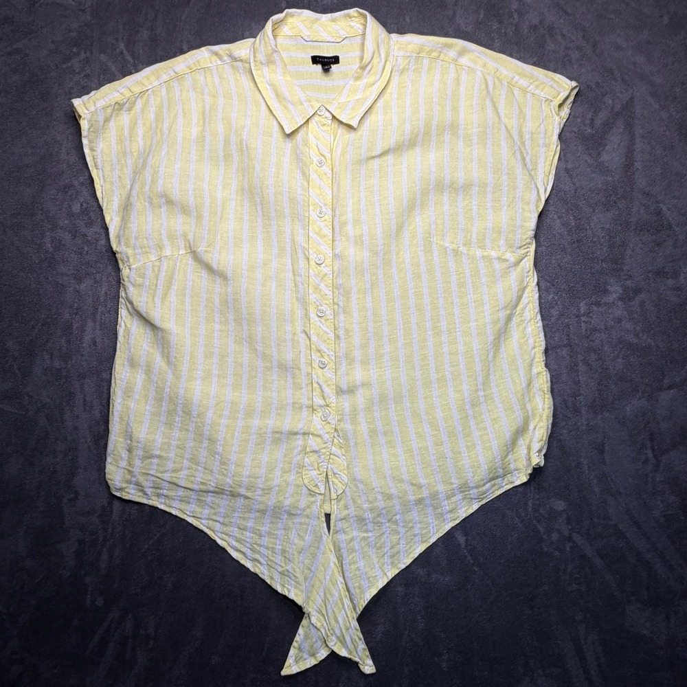 Talbots Womens Large Yellow White Striped 100% Linen Tie Front Button Down Shirt